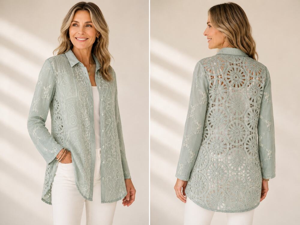 Johnny Was Sage Eyelet Tunic XS Mint Green Embroidered Lace Button Front Boho